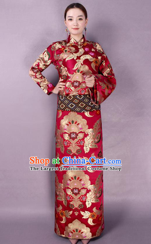Traditional Chinese Zang Ethnic Folk Dance Red Robe Tibetan Minority Wedding Costume for Women