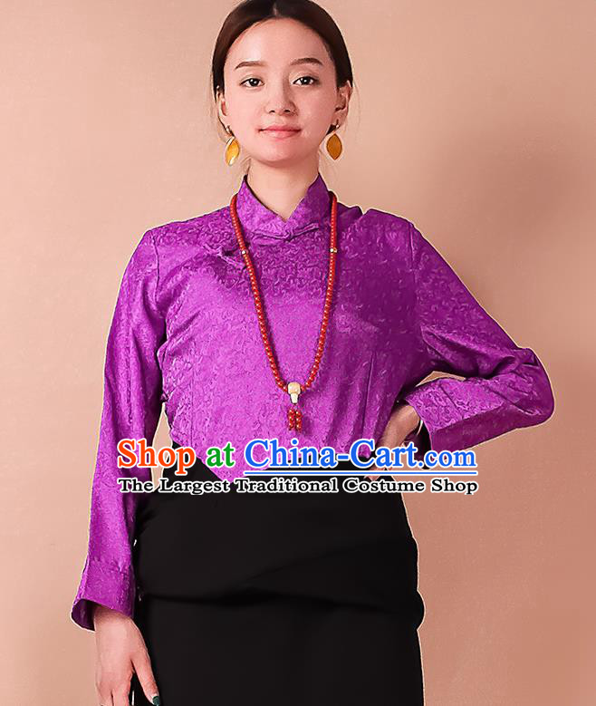 Traditional Chinese Zang Ethnic Purple Blouse Tibetan Minority Folk Dance Shirt Costume for Women