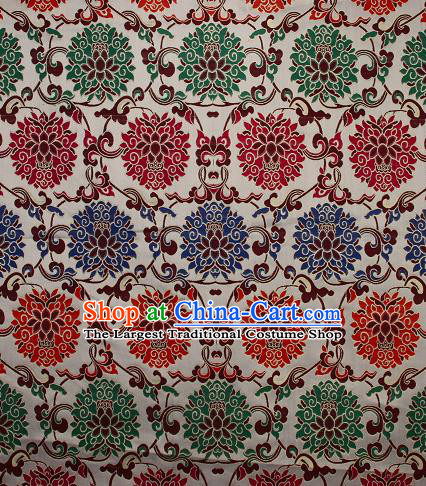 Asian Chinese Traditional Colorful Lotus Pattern White Brocade Tibetan Robe Satin Fabric Silk Material