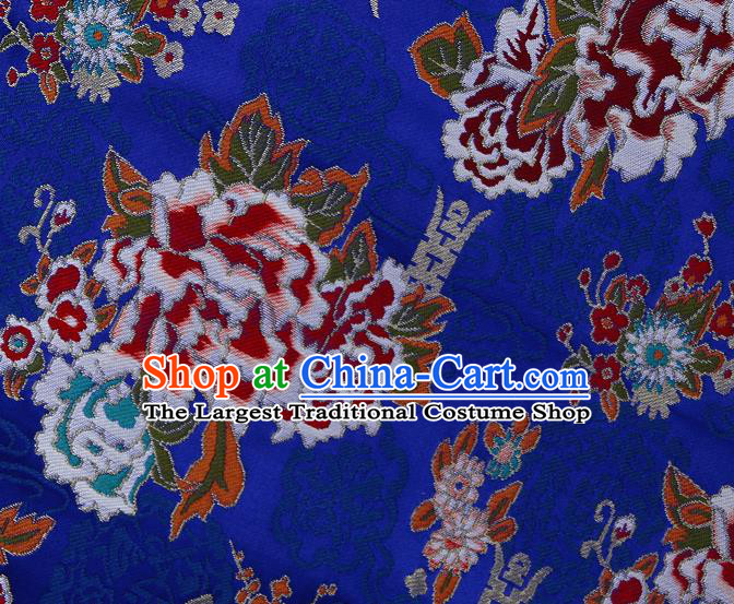 Asian Chinese Traditional Peony Plum Pattern Royalblue Brocade Tibetan Robe Satin Fabric Silk Material
