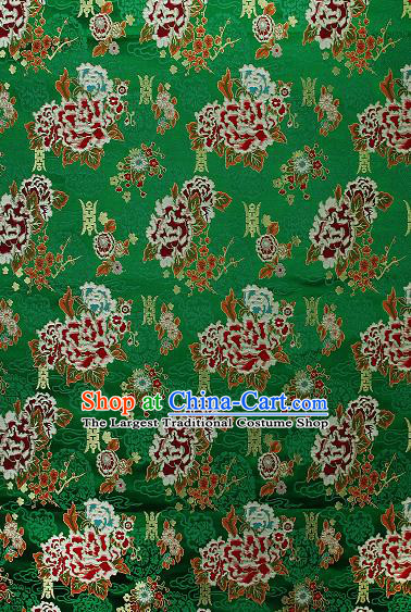 Asian Chinese Traditional Peony Plum Pattern Green Brocade Tibetan Robe Satin Fabric Silk Material