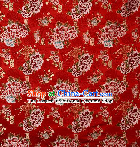 Asian Chinese Traditional Peony Plum Pattern Red Brocade Tibetan Robe Satin Fabric Silk Material