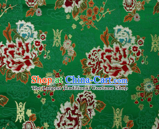 Asian Chinese Traditional Peony Plum Pattern Green Brocade Tibetan Robe Satin Fabric Silk Material