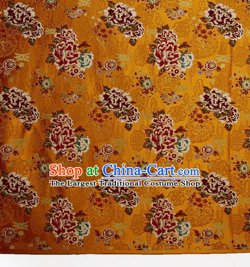 Asian Chinese Traditional Peony Plum Pattern Golden Brocade Tibetan Robe Satin Fabric Silk Material