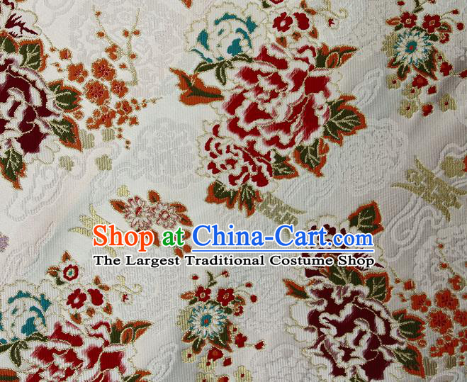 Asian Chinese Traditional Peony Plum Pattern White Brocade Tibetan Robe Satin Fabric Silk Material