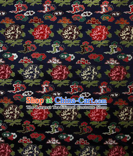 Asian Chinese Traditional Cloud Peony Pattern Navy Brocade Tibetan Robe Satin Fabric Silk Material