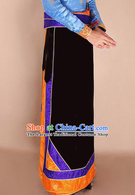 Traditional Chinese Zang Ethnic Black Bhutan Skirt Tibetan Minority Folk Dance Costume for Women