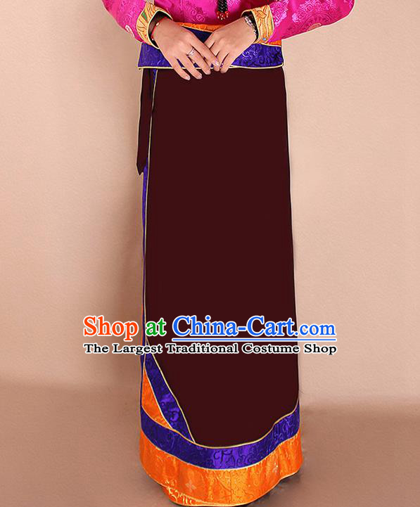 Traditional Chinese Zang Ethnic Dark Red Bhutan Skirt Tibetan Minority Folk Dance Costume for Women