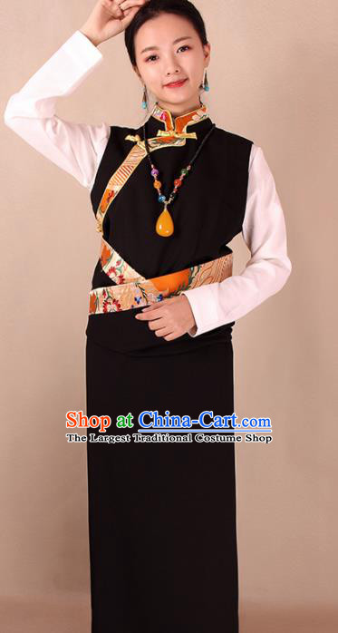 Traditional Chinese Zang Ethnic Black Kangba Robe Tibetan Minority Folk Dance Costume for Women