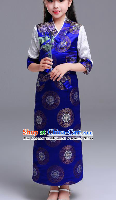 Traditional Chinese Zang Ethnic Girls Royalblue Dress Tibetan Minority Folk Dance Costume for Kids