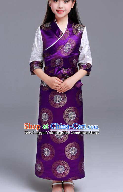 Traditional Chinese Zang Ethnic Girls Purple Dress Tibetan Minority Folk Dance Costume for Kids