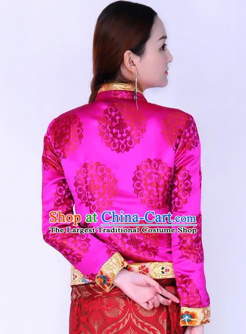 Traditional Chinese Zang Ethnic Rosy Brocade Blouse Tibetan Minority Folk Dance Shirt Costume for Women