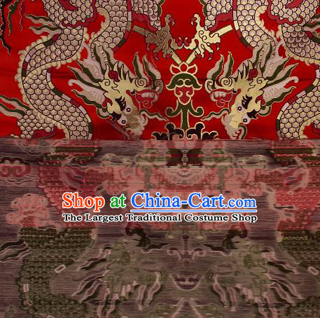 Asian Chinese Traditional Dragon Lotus Pattern Red Brocade Tibetan Robe Satin Fabric Silk Material
