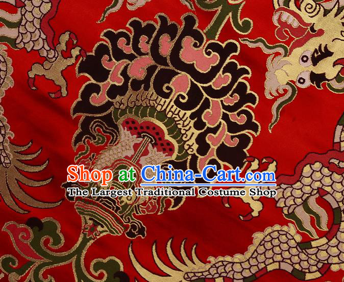 Asian Chinese Traditional Dragon Lotus Pattern Red Brocade Tibetan Robe Satin Fabric Silk Material