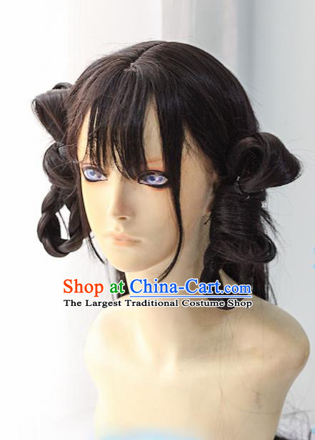 Chinese Traditional Cosplay Female Knight Black Hair Wigs Ancient Swordswoman Wig Sheath Hair Accessories for Women