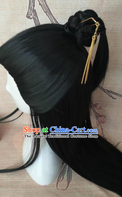 Traditional Chinese Cosplay Hanfu Nobility Childe Swordsman Wigs Ancient Prince Black Wig Sheath Hair Accessories for Men