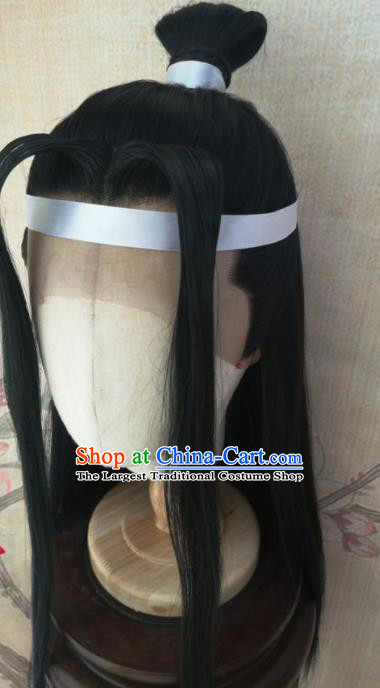 Traditional Chinese Cosplay Hanfu Swordsman Wigs Ancient Prince Nobility Childe Black Wig Sheath Hair Accessories for Men