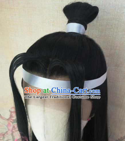 Traditional Chinese Cosplay Hanfu Swordsman Wigs Ancient Prince Nobility Childe Black Wig Sheath Hair Accessories for Men