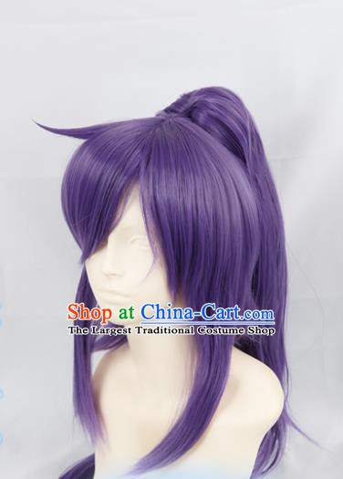 Chinese Traditional Cosplay Young Hero Purple Wigs Ancient Swordsman Wig Sheath Hair Accessories for Men