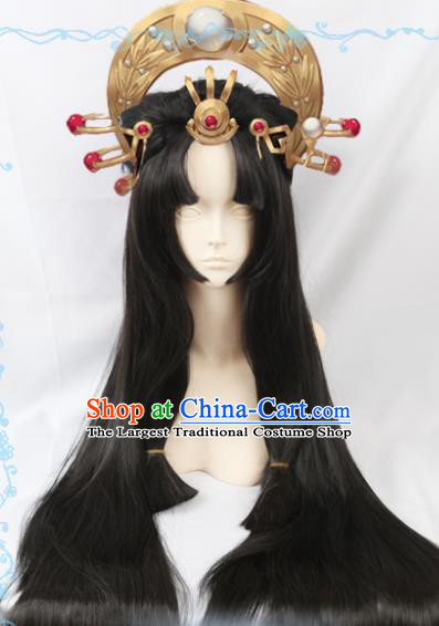 Japanese Traditional Cosplay Onmyoji Black Long Wigs Sheath Ancient Geisha Wig Hair Accessories for Women