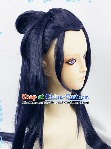 Chinese Traditional Cosplay Princess Fairy Blue Wigs Ancient Female Swordsman Wig Sheath Hair Accessories for Women