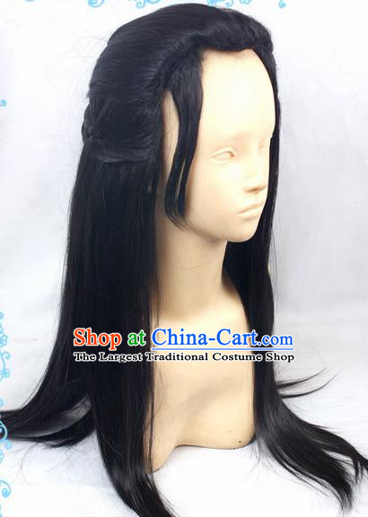 Chinese Traditional Cosplay Young Hero Black Long Wigs Ancient Swordsman Wig Sheath Hair Accessories for Men