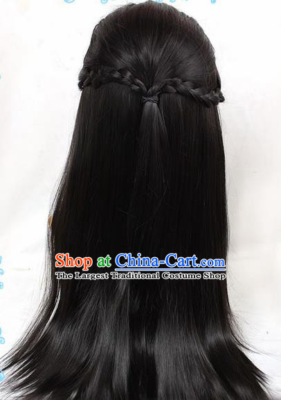 Chinese Traditional Cosplay Young Hero Black Long Wigs Ancient Swordsman Wig Sheath Hair Accessories for Men