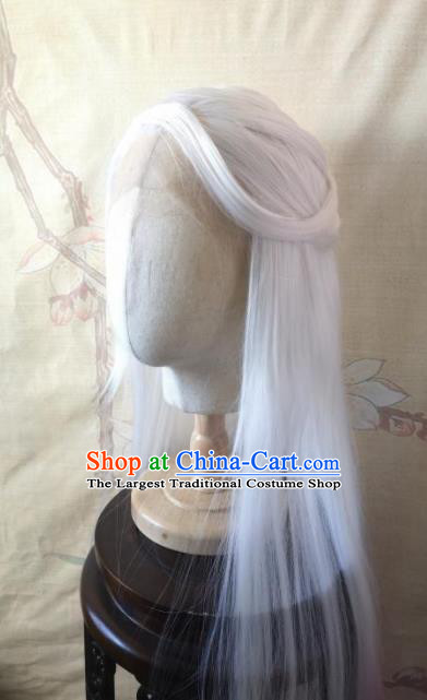 Traditional Chinese Cosplay Game Knight Patriarch White Wigs Ancient Swordsman Wig Sheath Hair Accessories for Men