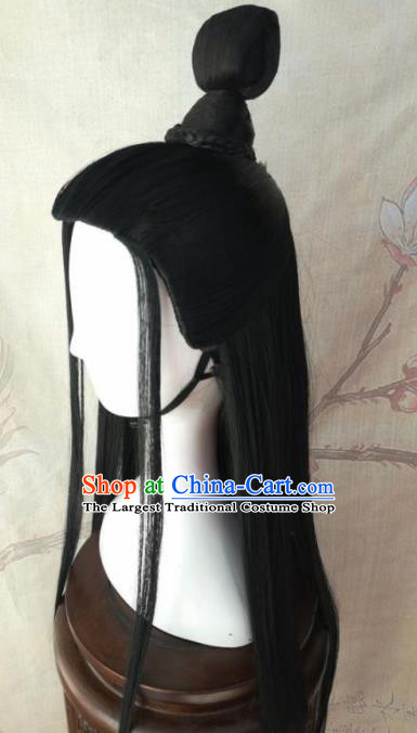 Traditional Chinese Cosplay Swordsman Lan Wangji Black Wigs Ancient Nobility Childe Wig Sheath Hair Accessories for Men