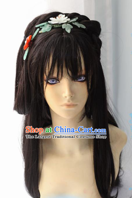 Chinese Traditional Cosplay Female Knight Black Long Wigs Ancient Swordswoman Wig Sheath Hair Accessories for Women