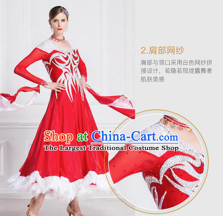 Top Grade Ballroom Dance Waltz Feather Red Dress Modern Dance International Dance Costume for Women