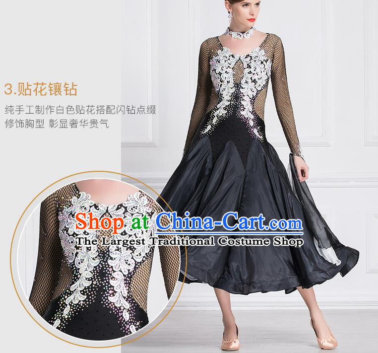 Top Grade International Waltz Dance Embroidered Lace Black Dress Ballroom Dance Modern Dance Costume for Women