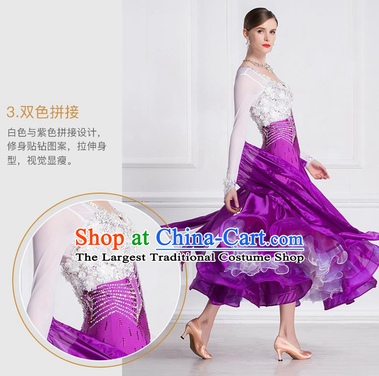 Professional International Waltz Dance Purple Dress Ballroom Dance Modern Dance Competition Costume for Women