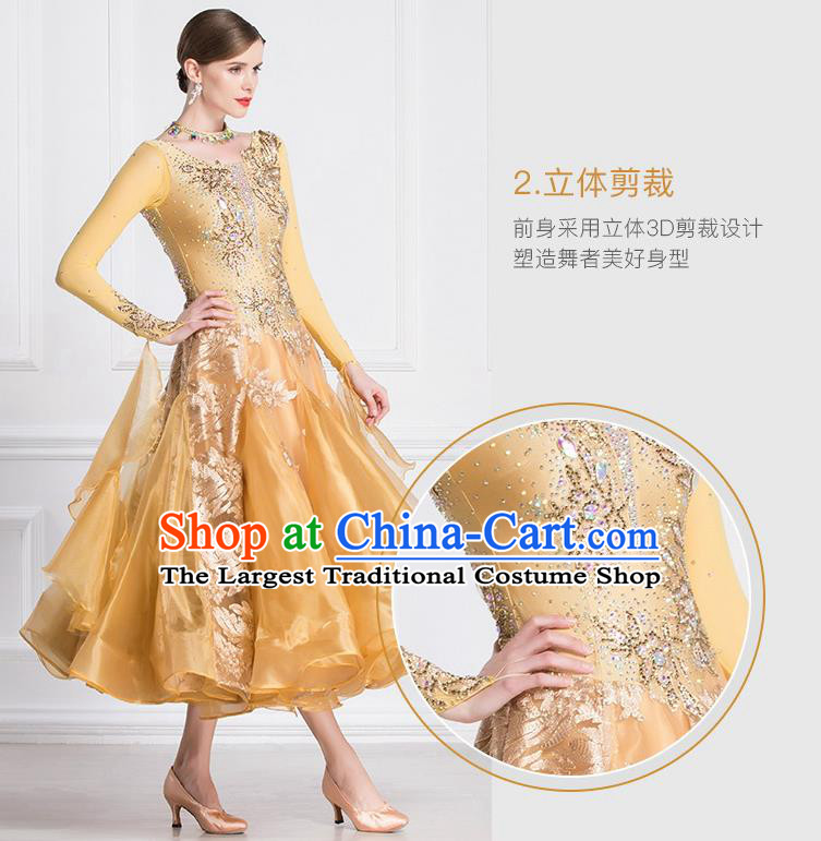 Professional International Waltz Dance Golden Dress Ballroom Dance Modern Dance Competition Costume for Women