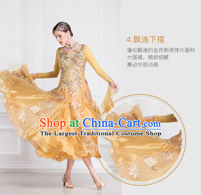Professional International Waltz Dance Golden Dress Ballroom Dance Modern Dance Competition Costume for Women