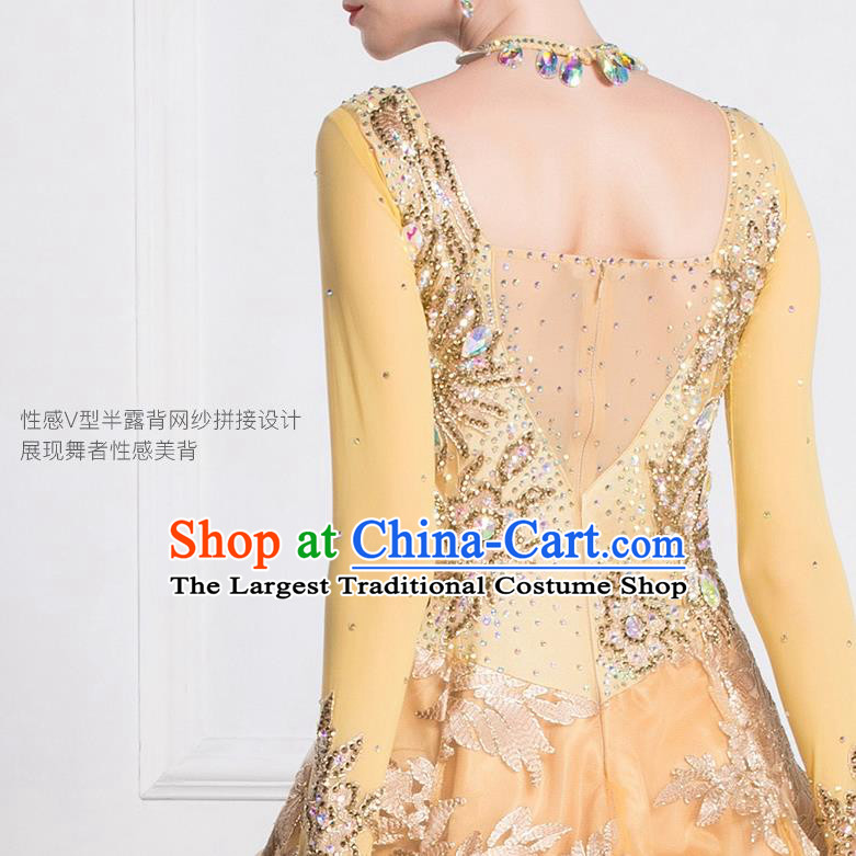 Professional International Waltz Dance Golden Dress Ballroom Dance Modern Dance Competition Costume for Women