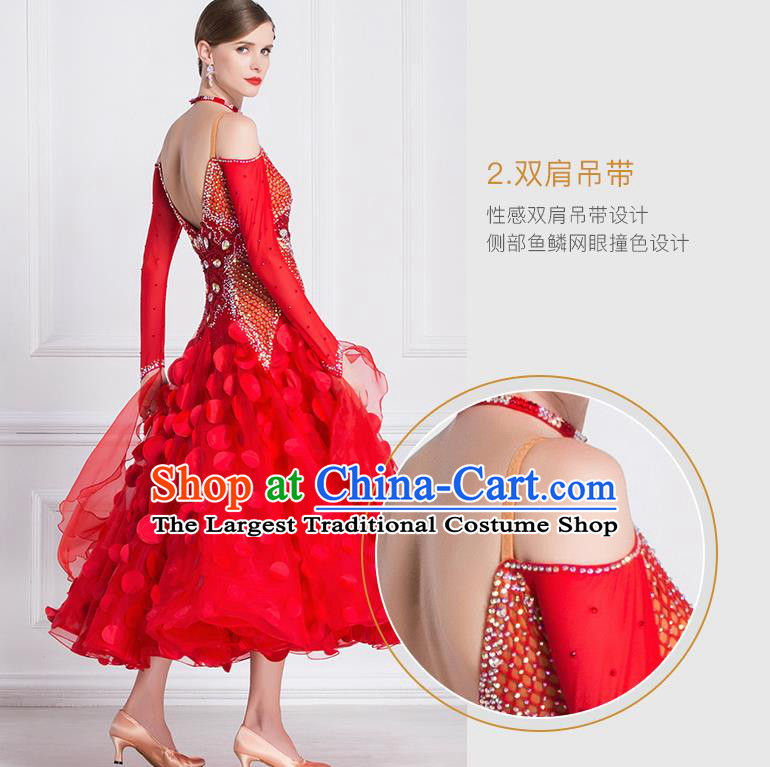 Professional International Waltz Dance Red Dress Ballroom Dance Modern Dance Competition Costume for Women