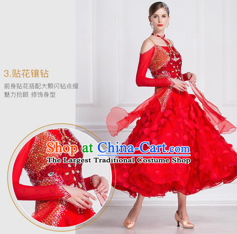 Professional International Waltz Dance Red Dress Ballroom Dance Modern Dance Competition Costume for Women