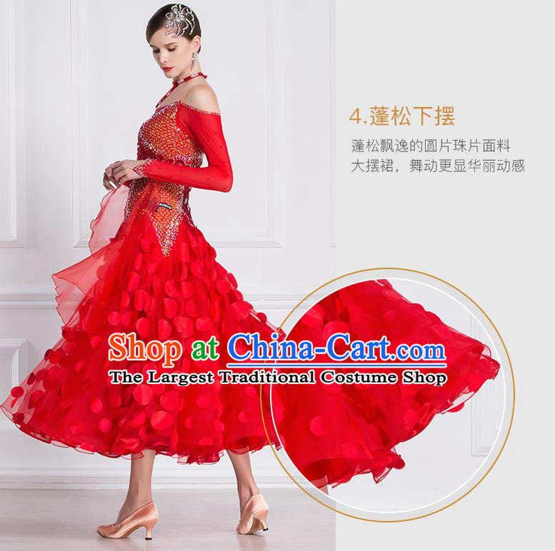 Professional International Waltz Dance Red Dress Ballroom Dance Modern Dance Competition Costume for Women