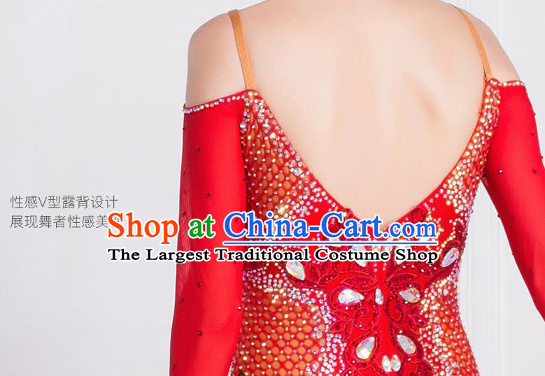 Professional International Waltz Dance Red Dress Ballroom Dance Modern Dance Competition Costume for Women