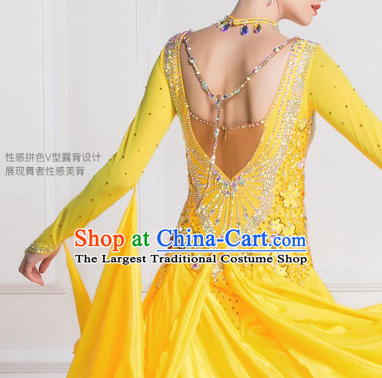 Professional International Waltz Dance Yellow Dress Ballroom Dance Modern Dance Competition Costume for Women
