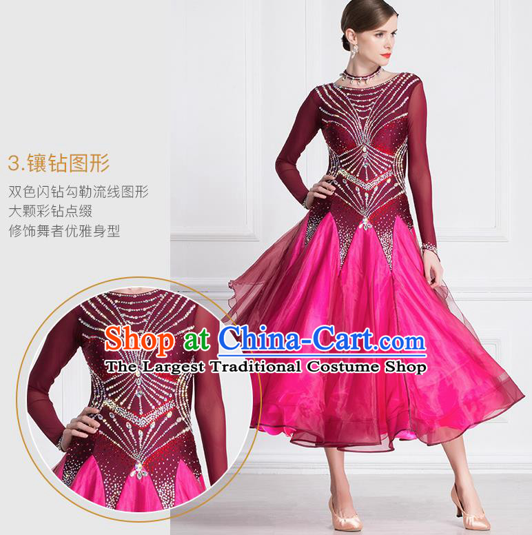Professional International Waltz Dance Wine Red Dress Ballroom Dance Modern Dance Competition Costume for Women