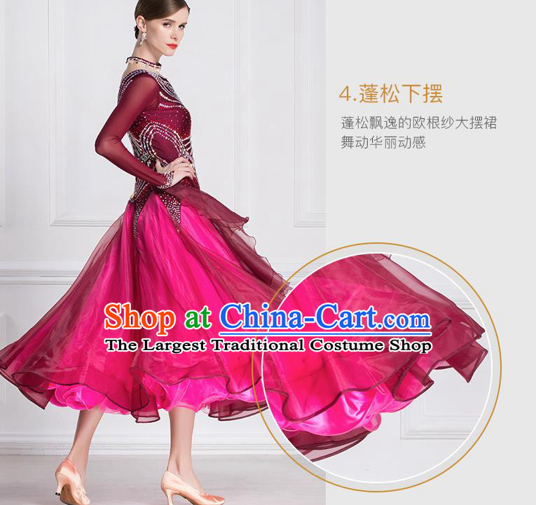 Professional International Waltz Dance Wine Red Dress Ballroom Dance Modern Dance Competition Costume for Women