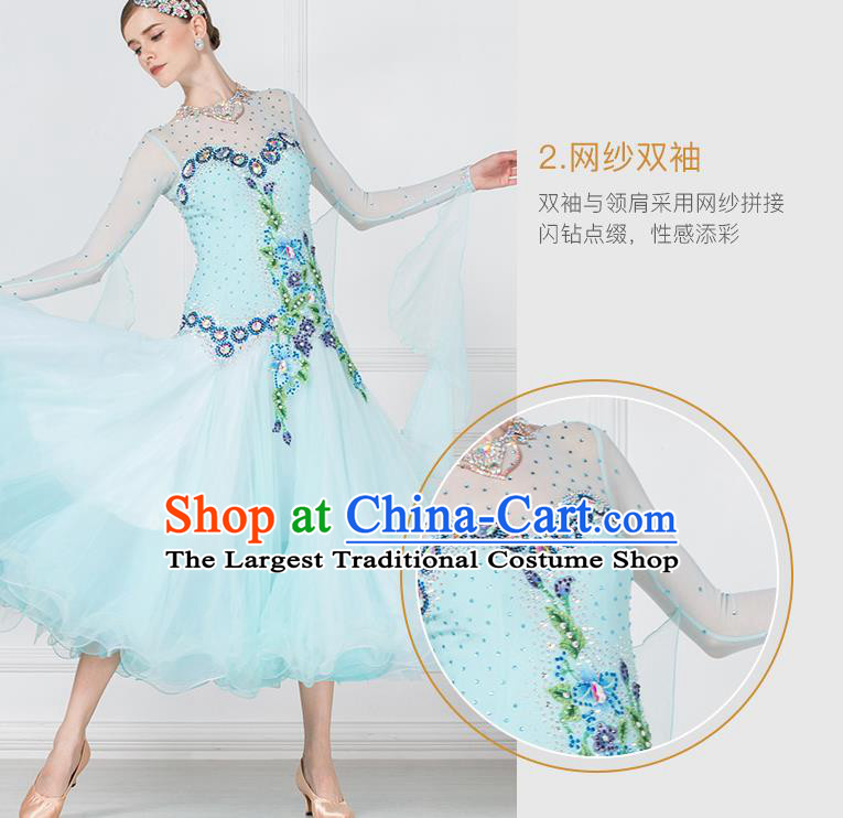 Professional International Waltz Dance Light Blue Dress Ballroom Dance Modern Dance Competition Costume for Women