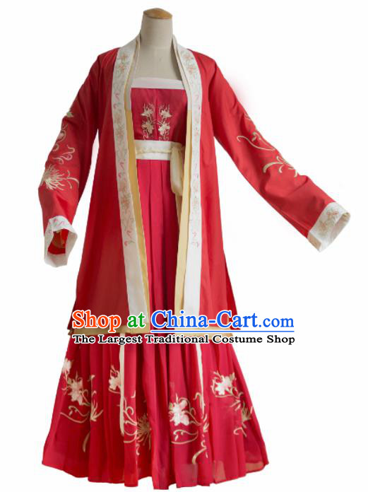 Traditional Chinese Song Dynasty Female Civilian Red Embroidered Dress Ancient Hanfu Replica Costumes for Women