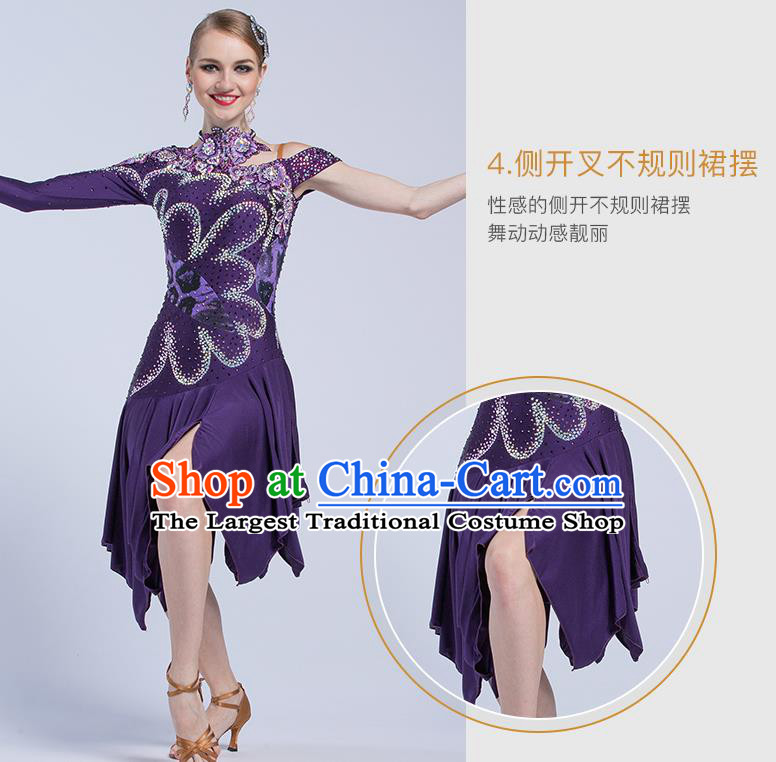 Top Latin Dance Competition Purple Dress Modern Dance International Rumba Dance Costume for Women