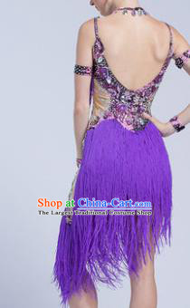 Top Latin Dance Competition Purple Tassel Dress Modern Dance International Rumba Dance Costume for Women