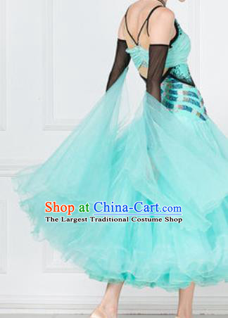 Professional Modern Dance Waltz Light Blue Veil Dress International Ballroom Dance Competition Costume for Women