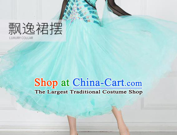 Professional Modern Dance Waltz Light Blue Veil Dress International Ballroom Dance Competition Costume for Women