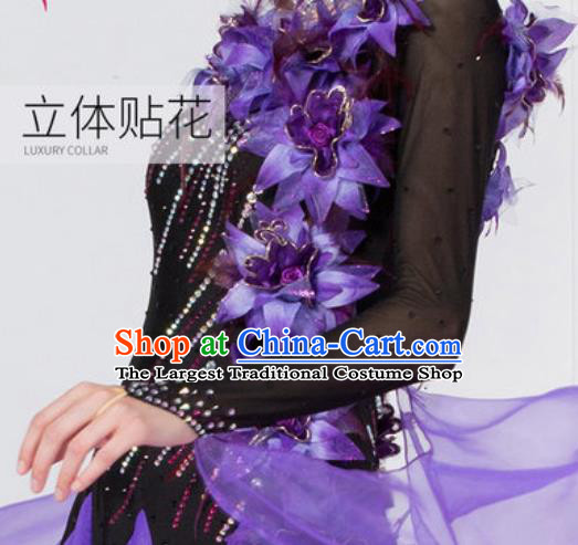 Professional Modern Dance Waltz Purple Veil Dress International Ballroom Dance Competition Costume for Women
